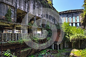 Abandoned, destroyed by war and overgrown machinery of Tkvarcheli power plant