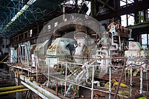 Abandoned, destroyed by war and overgrown machinery of Tkvarcheli power plant