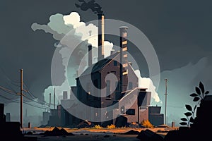 abandoned, dilapidated factory with smokestacks belching black clouds into the sky The image represents the