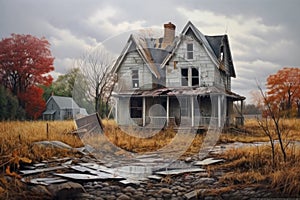 Abandoned dilapidated house. Partially destroyed house after a tornado. House in ruins and in rubble. A natural disaster