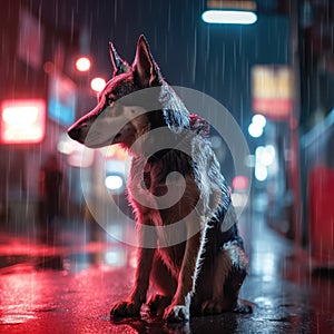 An abandoned dog in the rain illuminated by a red neon sign. A generative AI photograph realistic illustration of a wet canine.