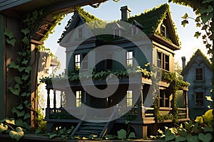 Abandoned Dollhouse Overgrown with Wild Ivy: Decaying Wood, Shattered Windows Allowing Nature\'s Reclamation