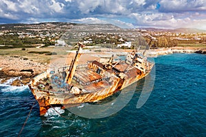 Abandoned Edro III Shipwreck at seashore of Peyia, near Paphos, Cyprus. Historic Edro III Shipwreck site on the shore of the water