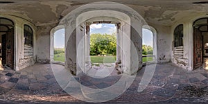 Abandoned empty concrete entrance hall room with columns or old building in full seamless spherical 360 hdri panorama  in