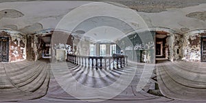 Abandoned empty concrete room of old building with wooden spiral staircase. seamless spherical hdri panorama 360 degrees angle