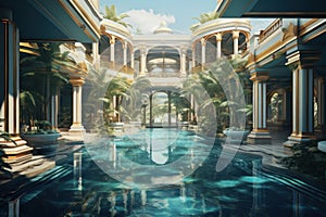 Abandoned Empty luxurious resort pool. Generate Ai