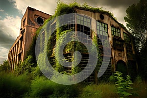 abandoned factory, with broken windows and rusted machinery, surrounded by overgrown greenery