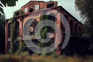 abandoned factory, with broken windows and rusted machinery, surrounded by overgrown greenery