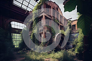 abandoned factory, with broken windows and rusted machinery, surrounded by overgrown greenery
