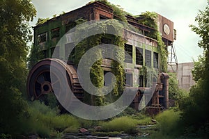 abandoned factory, with broken windows and rusted machinery, surrounded by overgrown greenery