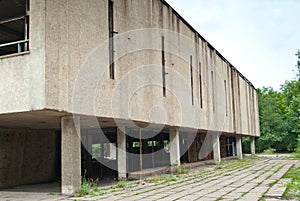 Abandoned factory building, ruins, broken windows