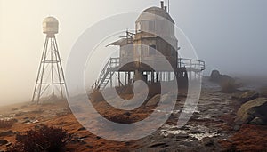 Abandoned factory on coastline, rusty machinery, polluted water, nature damaged generated by AI