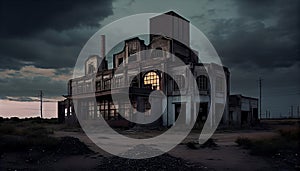 An abandoned factory, eerie, desolate, haunting, industrial, moody lighting, Generative AI, illustration