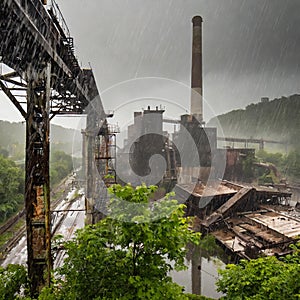 abandoned factory industrial ruins in the rain
