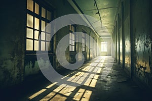 Abandoned factory interior with light coming through the windows and shadows, Old empty corridor. Vintage abandoned building with