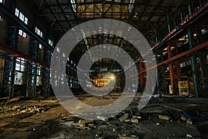 Abandoned factory. Large empty ruined industrial hall at night