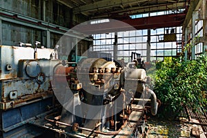 Abandoned factory overgrown with green plants, rusty machines and equipment