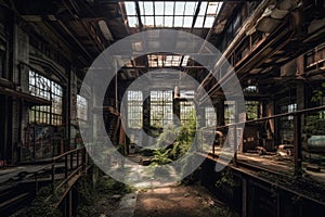 An abandoned factory with plants growing inside. Created with Generative AI