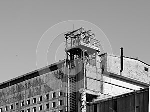 abandoned factory ruins in black and white