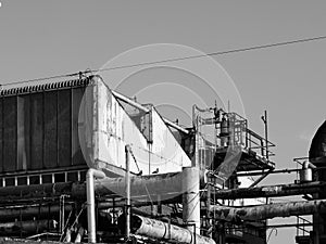 abandoned factory ruins in black and white