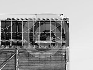 abandoned factory ruins in black and white