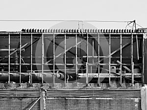 abandoned factory ruins in black and white