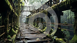 Abandoned factory, rusty equipment, old ruin nature growth vanishing generated by AI