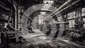 Abandoned factory: rusty machinery, broken equipment, spooky built structure generated by AI