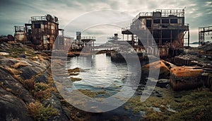 Abandoned factory, rusty machinery, polluted water, damaged environment, ruined landscape generated by AI