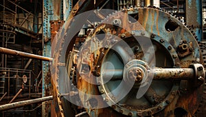 Abandoned factory, rusty machinery, weathered steel, obsolete equipment generated