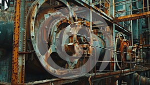 Abandoned factory, rusty machinery, weathered steel, obsolete equipment generated