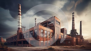 Abandoned factory smokestack pollutes nature with dirty fumes and smoke generated by AI