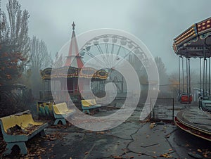 An abandoned fairground with rides mysteriously moving