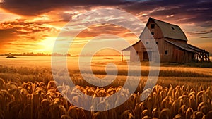 Abandoned farm house in a wheat field at sunset with dramatic sky, AI Generated