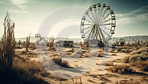 Abandoned farm machinery spins in motionless dusk, beauty in nature generated by AI