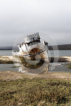 Abandoned Fishing Boat Aground On Shore Point Reyes California