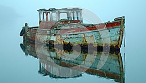 Abandoned fishing boat, rusty and old, moored on calm waters
