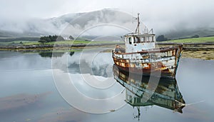 Abandoned fishing boat, rusty and old, moored on calm waters