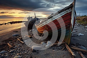 abandoned fishing boats left ashore, symbolizing decline