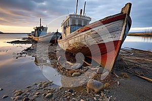 abandoned fishing boats left ashore, symbolizing decline