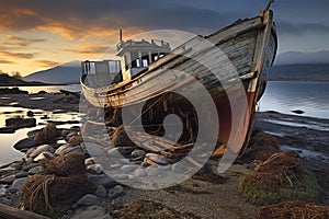 abandoned fishing boats left ashore, symbolizing decline