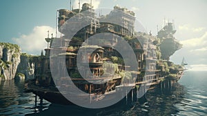 Abandoned floating city: Cinematic beauty on endless ocea
