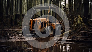 Abandoned Forklift In Muddy Swamp: A Post-apocalyptic Landscape