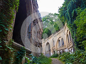 Abandoned fortress outside, ruined wooded citadel Tarakaniv, Ukraine