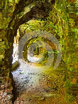 Abandoned fortress outside, ruined wooded citadel Tarakaniv, Ukraine