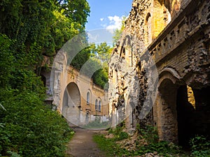 Abandoned fortress outside, ruined wooded citadel Tarakaniv, Ukraine