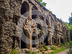 Abandoned fortress outside, ruined wooded citadel Tarakaniv, Ukraine