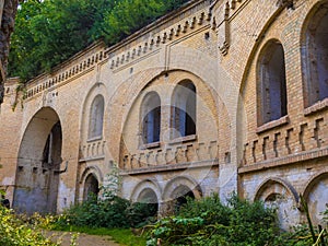 Abandoned fortress outside, ruined wooded citadel Tarakaniv, Ukraine