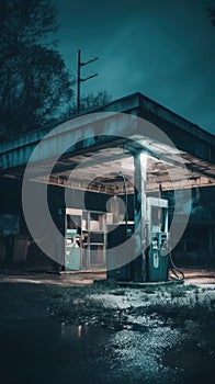 Abandoned gas station at night. Retro style toned image