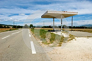 abandoned gas station at a rural road, Vaucluse, France